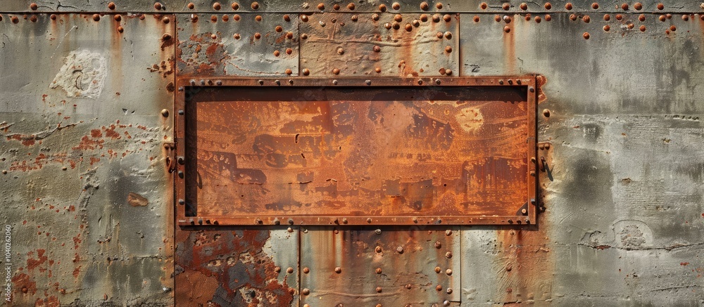 Naklejka premium Photo of a rusty metal plate on the building s side with room for text or graphics. Copy space image. Place for adding text and design