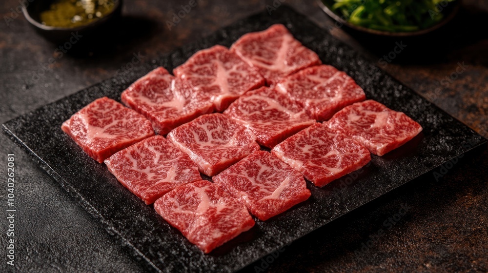 Fototapeta premium Raw Wagyu beef slices, highlighting the marbled texture and rich red color