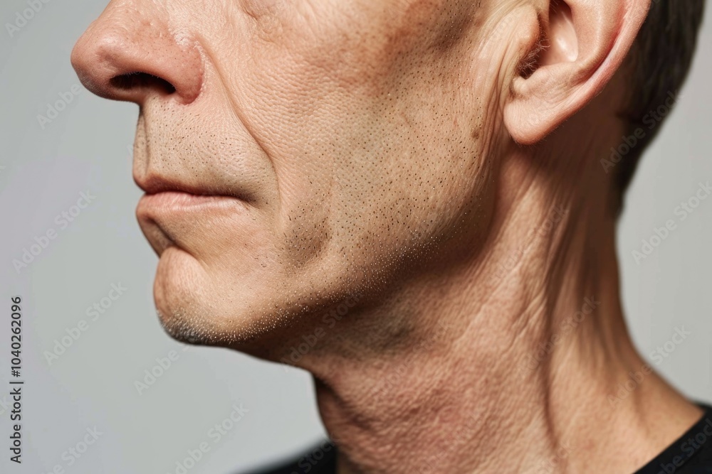Fototapeta premium A close-up shot of a man's face wearing a black shirt, suitable for use in portraits or fashion photography