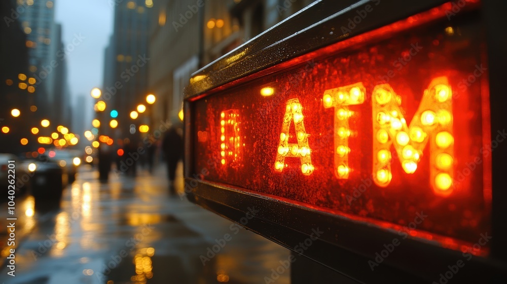Brightly illuminated ATM sign glowing in the evening street lights in a bustling urban setting with wet sidewalks and blurred city buildings Brightly illuminated ATM sign glowing in the evening street lights in a bustling urban setting with wet sidewalks and blurred city buildings