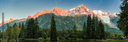View of sunset over Lac des Gaillands with Mont Blanc massif in Chamonix town at France