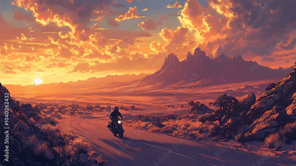 A biker wearing a helmet cruising down a winding highway through a dramatic desert landscape, the mountains in the distance glowing under the golden light of late afternoon, A biker wearing a helmet cruising down a winding highway through a dramatic desert landscape, the mountains in the distance glowing under the golden light of late afternoon,