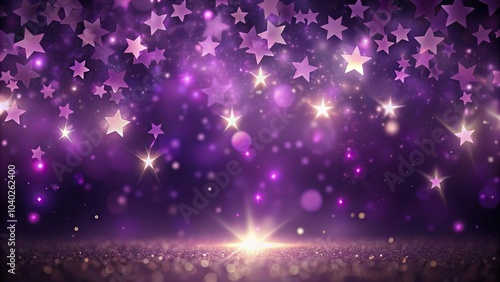 Aerial purple stars falling on dark purple background with bokeh lights impressionist painting
