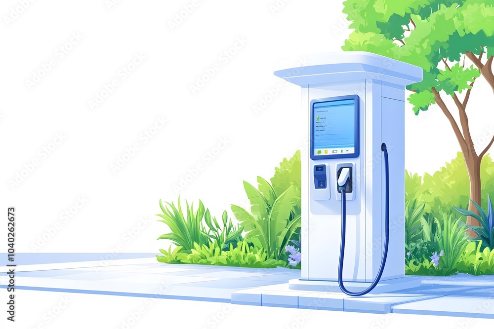 Illustration of an electric vehicle charging station with a display and cable on a white background Illustration of an electric vehicle charging station with a display and cable on a white background