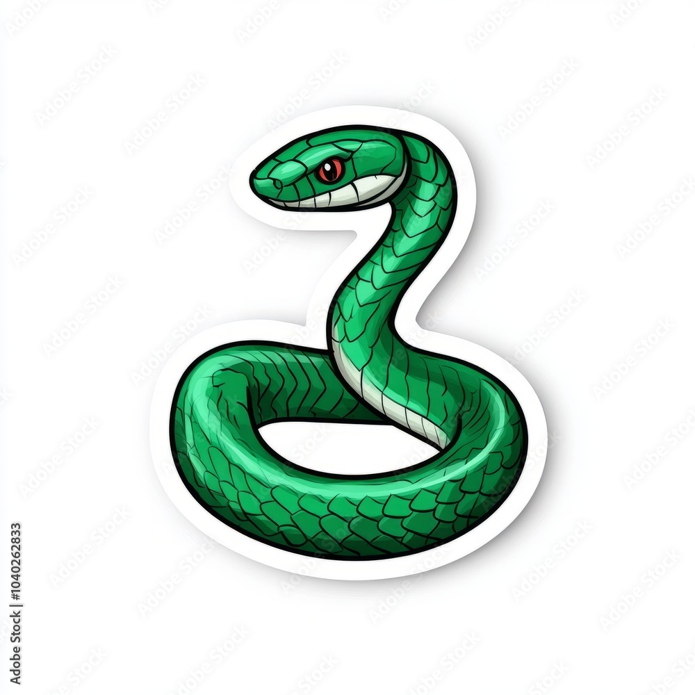 Fototapeta premium A stylized green snake coiled in a circular shape with a striking red eye.