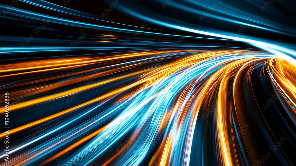 Colorful light trails depict rapid data transfer, conveying speed and connectivity in a digital environment at night Colorful light trails depict rapid data transfer, conveying speed and connectivity in a digital environment at night