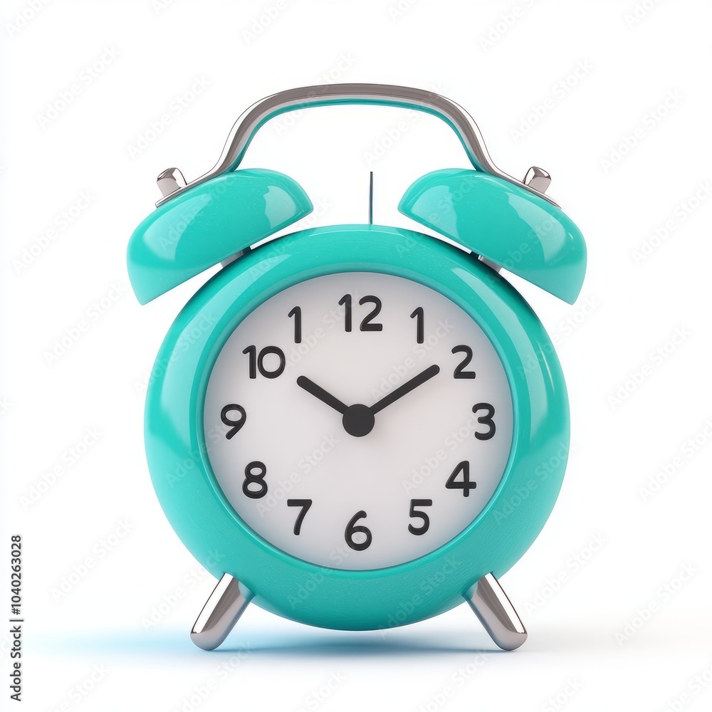 A turquoise alarm clock with a classic design and two bells on top. A turquoise alarm clock with a classic design and two bells on top.