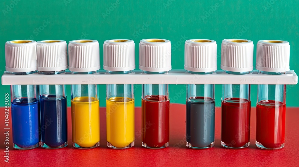Vibrant colored liquids in test tubes on a colorful background Vibrant colored liquids in test tubes on a colorful background