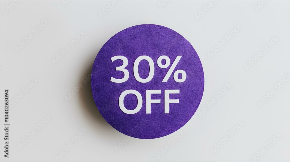 White '30% OFF' Text on a Dark Purple Round Paper Note. White Background with Copy Space White '30% OFF' Text on a Dark Purple Round Paper Note. White Background with Copy Space