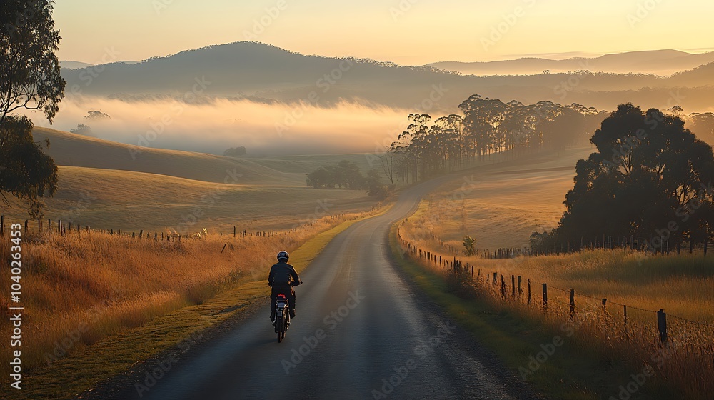 A biker wearing a helmet riding along a country road at dawn, mist rising from the fields, the rolling hills fading into the distance, the first light of day illuminating the landscape, A biker wearing a helmet riding along a country road at dawn, mist rising from the fields, the rolling hills fading into the distance, the first light of day illuminating the landscape,