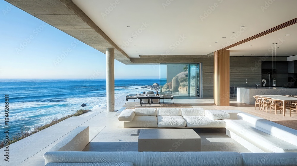 Modern oceanfront living room with sleek furniture, panoramic coastal views, and minimalist interior design Modern oceanfront living room with sleek furniture, panoramic coastal views, and minimalist interior design