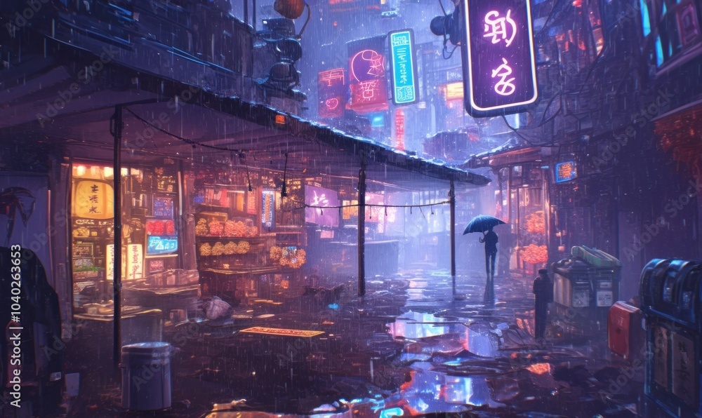 Obraz premium Rainy Night in Neon City Street Market