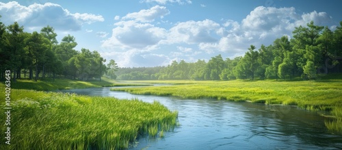 Fototapeta Naklejka Na Ścianę i Meble -  A serene summer day outdoors with a panoramic view of a lush forest green grass and a meandering river offering a beautiful landscape with plenty of copy space image