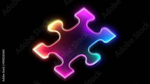 Vibrant neon puzzle piece on a dark background photo