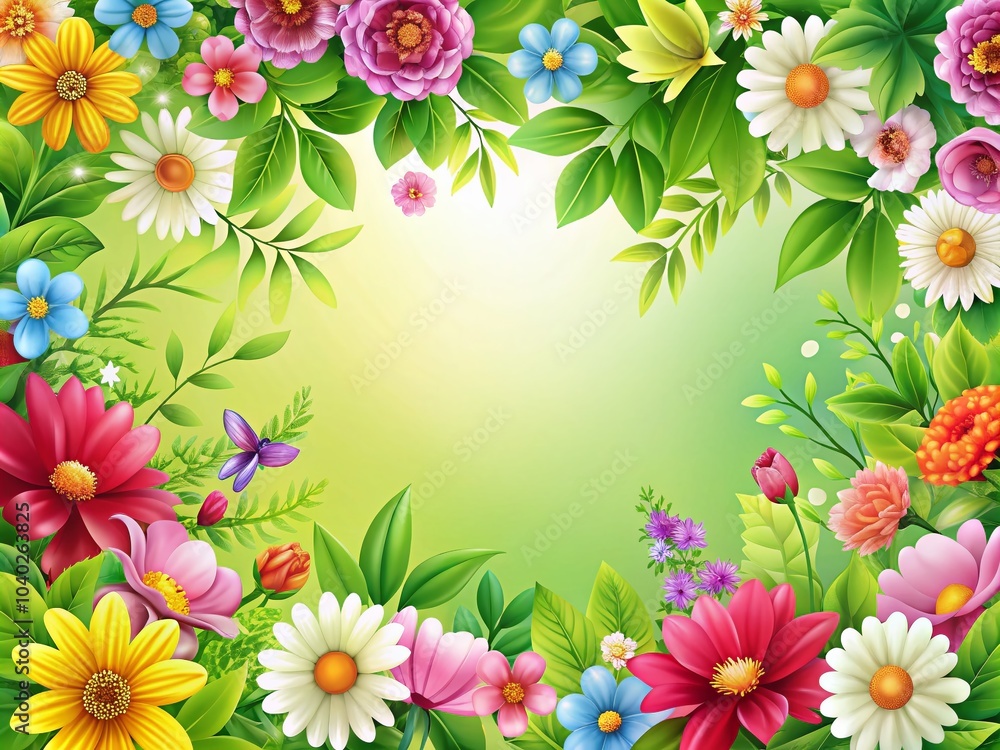 Spring Floral Greeting Card Template with Blooming Flowers and Leaves Border for Customizable Designs Spring Floral Greeting Card Template with Blooming Flowers and Leaves Border for Customizable Designs