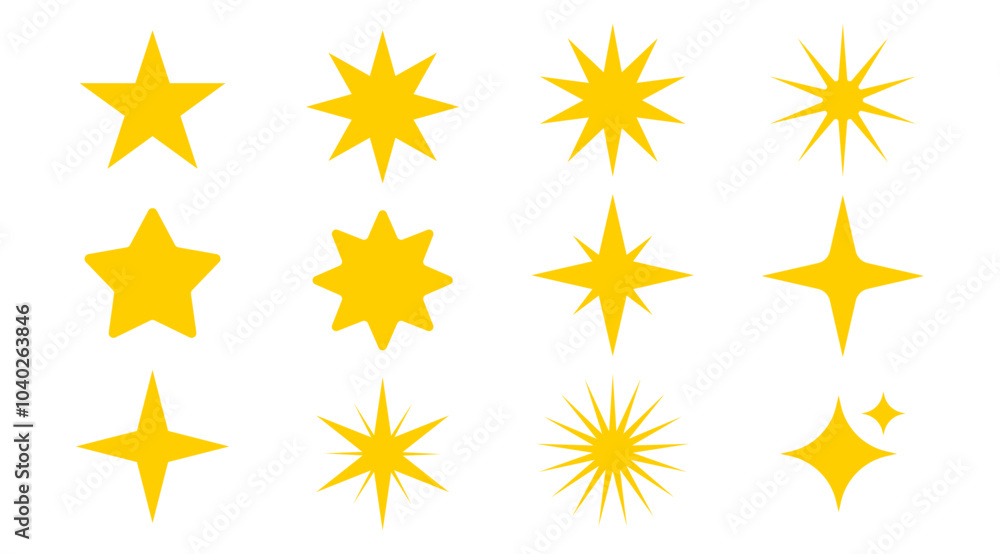 Yellow Star Icon set, Glittering vector symbol for decoration, Bright, Shiny graphic elements cut out, Abstract Icons in Minimal Modern style. vector stock (Editable) Yellow Star Icon set, Glittering vector symbol for decoration, Bright, Shiny graphic elements cut out, Abstract Icons in Minimal Modern style. vector stock (Editable)