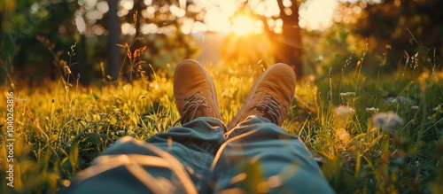 Fototapeta Naklejka Na Ścianę i Meble -  Man relaxing on the weekend after a busy week savoring nature and fresh air ideal copy space image