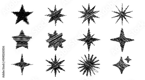 Black Sketching Star vector set, Scribble star texture for decoration in Graphic design, Isolate star shape illustration, Hand draw graphic elements for banner and business use
