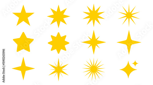 Yellow Star Icon set, Glittering vector symbol for decoration, Bright, Shiny graphic elements cut out, Abstract Icons in Minimal Modern style. vector stock (Editable)
