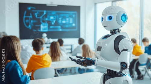 A robot teaching a group of students in a futuristic classroom with interactive learning tools, bright and engaging educational environment, Ed-tech style