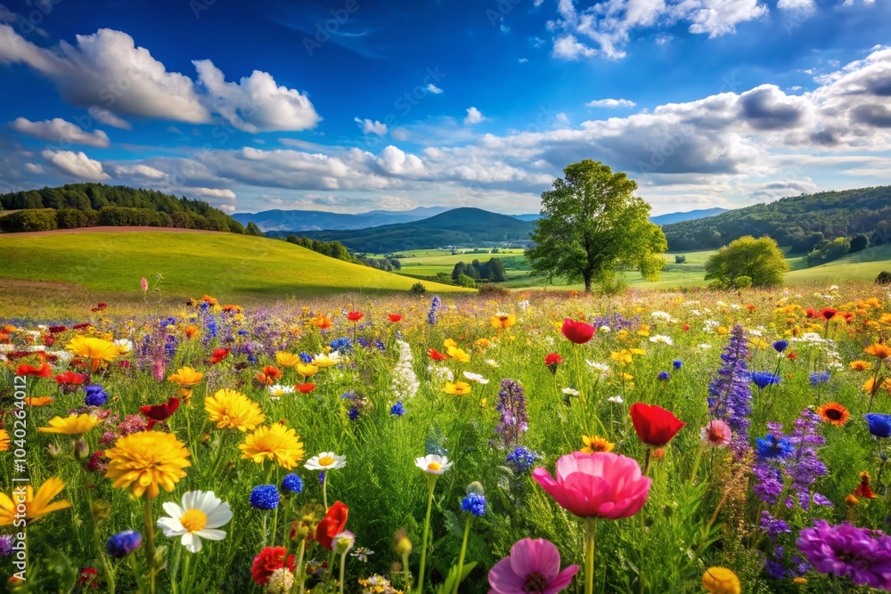 Obraz premium Spring Flower Meadow in Panoramic View – Vibrant Floral Landscape Photography for Nature Lovers
