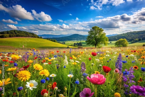 Spring Flower Meadow in Panoramic View – Vibrant Floral Landscape Photography for Nature Lovers