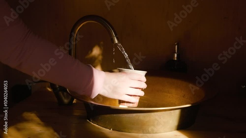 Woman filling cup with water in Brass kitchen sink photo