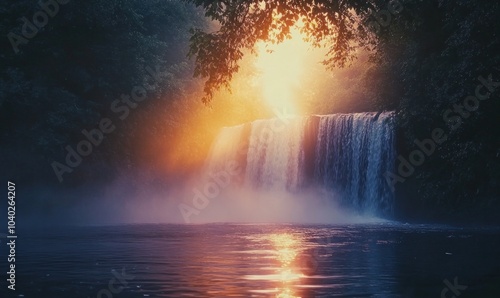 Serene Sunset Waterfall in a Lush Forest