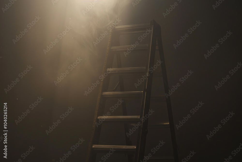 A ladder leans against a wall, ready for use A ladder leans against a wall, ready for use