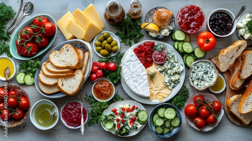 A vibrant spread of fresh ingredients, including cheese, vegetables, and breads, perfect for a healthy meal or snack.