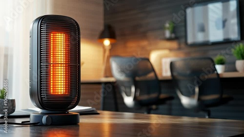 A black electric heater sits on a wooden desk in an office