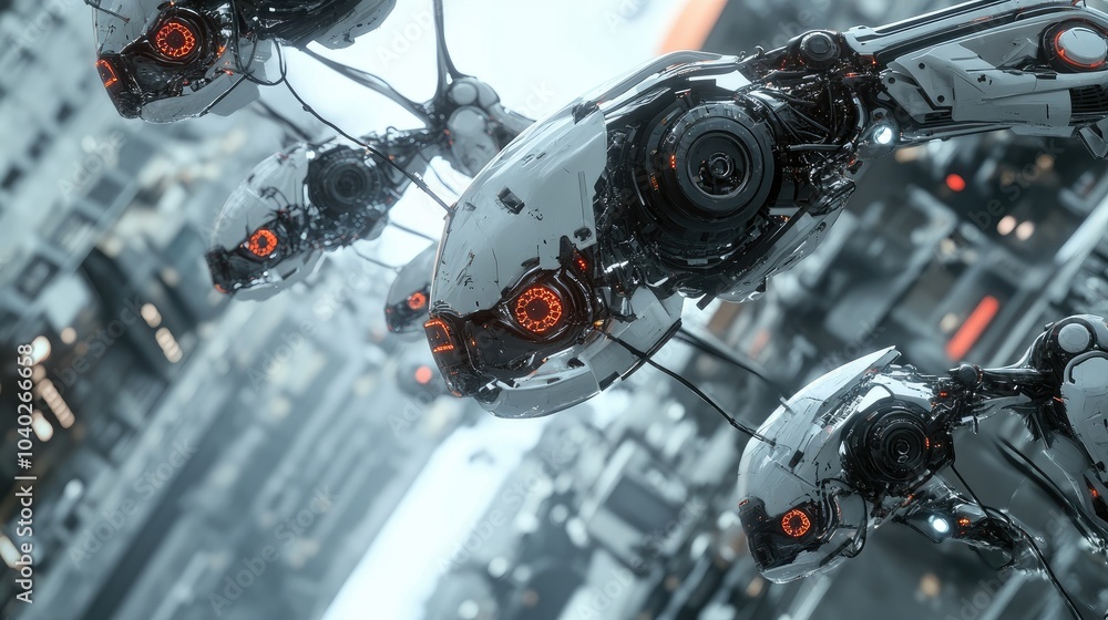 Fototapeta premium Futuristic robot parts assembling themselves in mid-air