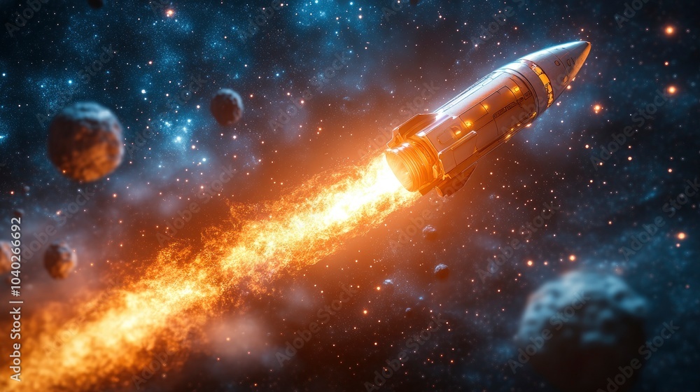 A rocket launching through space with flames and asteroids in view A rocket launching through space with flames and asteroids in view