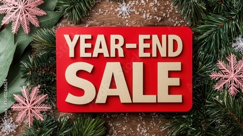 Festive year-end sale sign surrounded by holiday decorations, perfect for promoting seasonal discounts and shopping excitement.