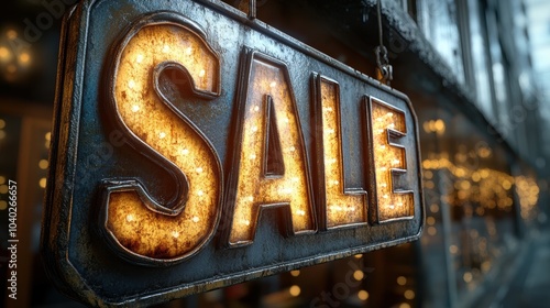 Illuminated vintage-style sale signboard hanging outside a shop, creating an inviting atmosphere for customers with a festive and nostalgic charm