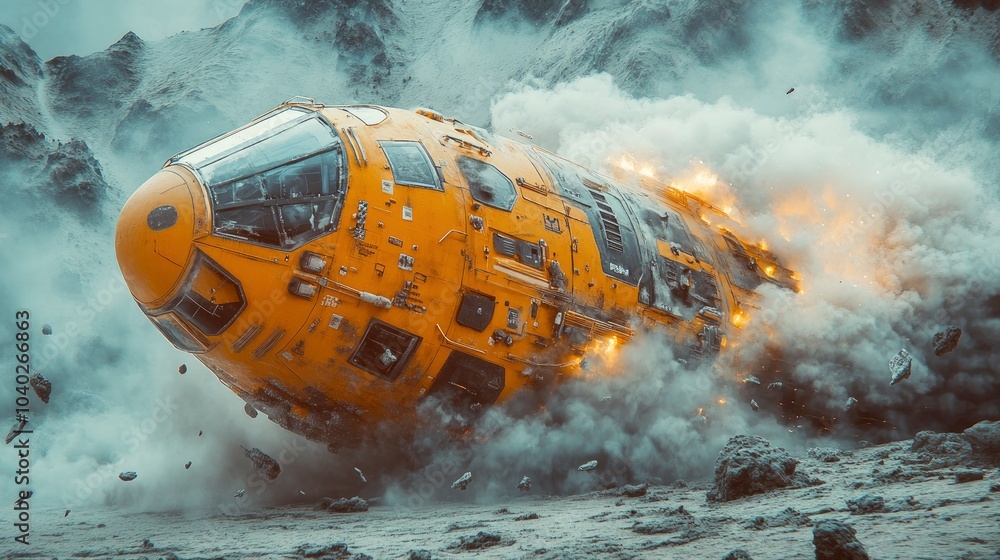 Spaceship crash landing in a dramatic explosion on a rocky landscape Spaceship crash landing in a dramatic explosion on a rocky landscape