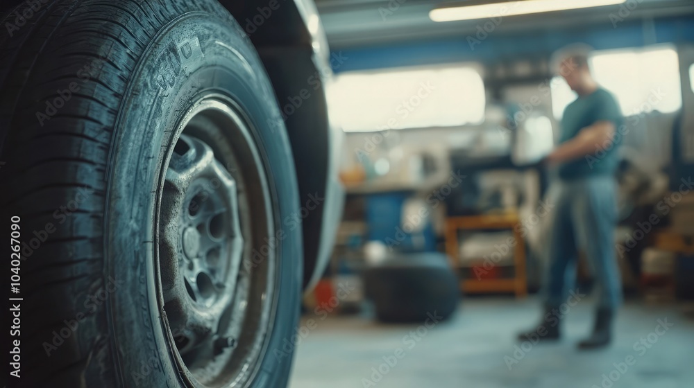 Tire repair at an auto service shop, focusing on mechanic work and vehicle maintenance Tire repair at an auto service shop, focusing on mechanic work and vehicle maintenance