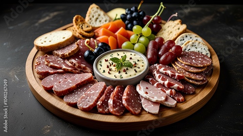 Round charcuterie board with fancy gourmet food.