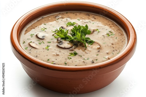 A warm and savory bowl of mushroom soup garnished with a fresh sprig of parsley, perfect for a cozy meal or as a comforting treat