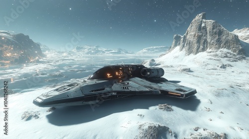 Futuristic spaceship parked on snowy alien landscape under a starry sky