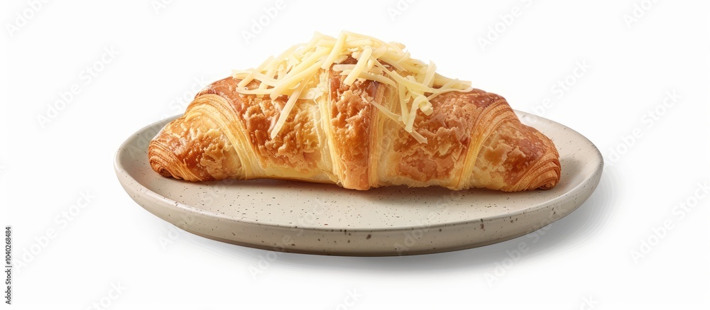 A cheese croissant with grated cheese on top displayed on a plate with a white background for a copy space image