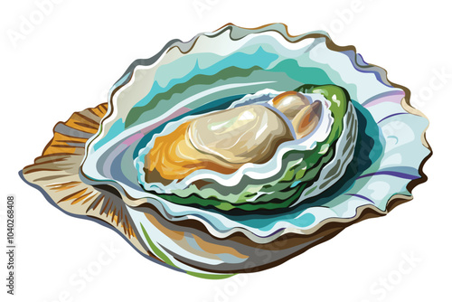 Watercolor Oyster Shell and Glossy Flesh in a High-Quality Illustration on White Background.