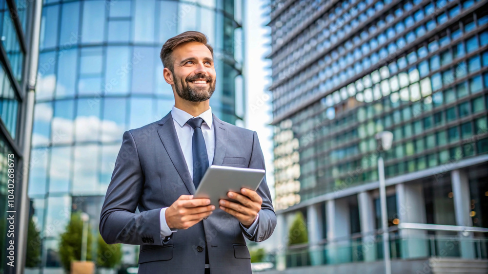 Fototapeta premium professional businessman outside standing office in a suit engaging with technology amidst urban architecture Modern businessperson using a tablet outside a glass building.