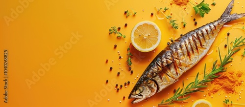 Top view of grilled mackerel fish with lemon herbs and spices on an orange background providing copy space image photo