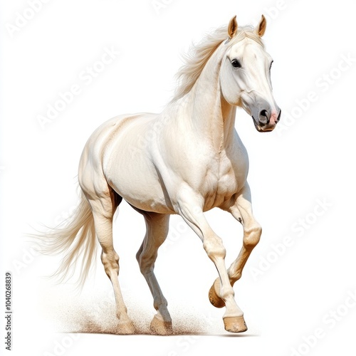 A majestic white horse galloping gracefully on a white background.