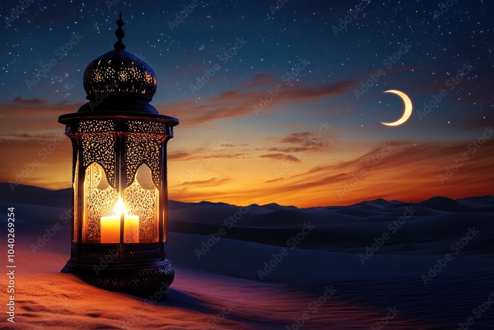 A lantern lit in the middle of the desert at night, providing a warm glow A lantern lit in the middle of the desert at night, providing a warm glow