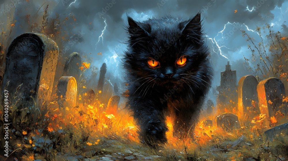 Mysterious Black Cat in a Stormy Graveyard Scene Mysterious Black Cat in a Stormy Graveyard Scene