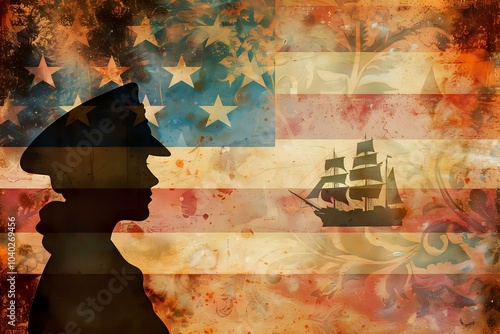 A silhouette of a soldier against a textured American flag and a ship, symbolizing patriotism.