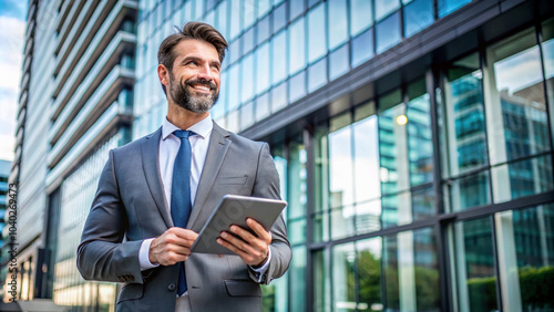 professional businessman outside standing office in a suit engaging with technology amidst urban architecture Modern businessperson using a tablet outside a glass building.