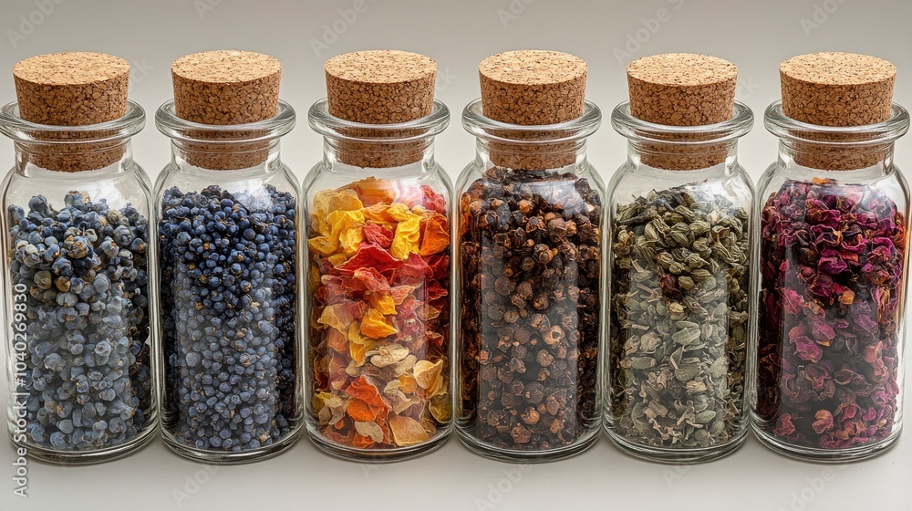 Colorful spices and herbs in glass jars lined up on a shelf Colorful spices and herbs in glass jars lined up on a shelf